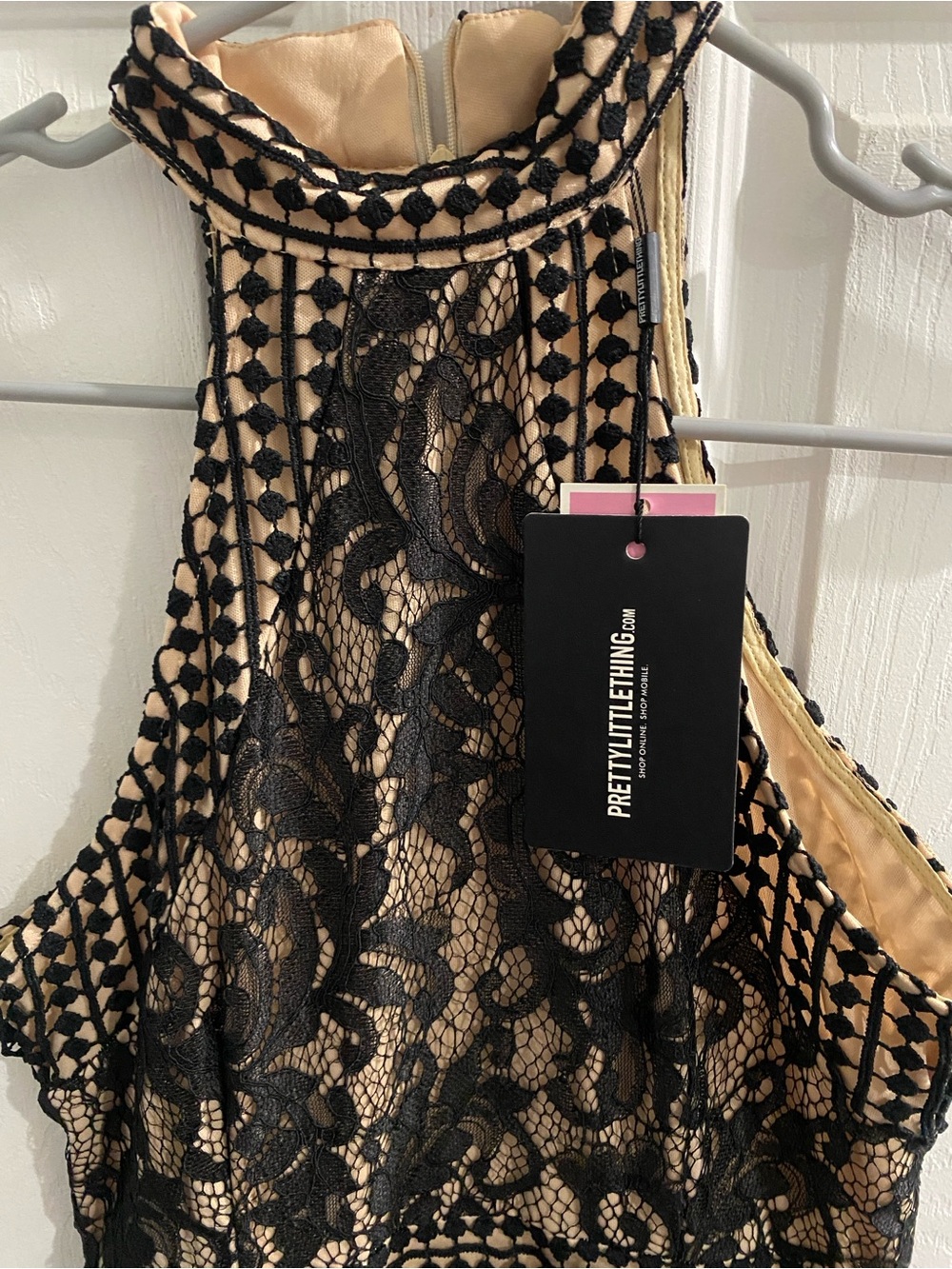 PrettyLittleThing Black Lace Overlay Nude-Base Dress